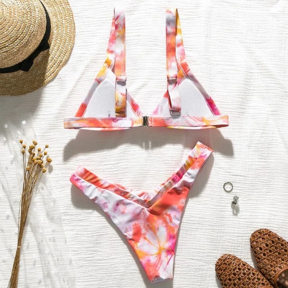 SOLD OUT CLEARANCE Pink & Orange Tie Dye Cheeky Triangle Bikini Set - Picture 2 of 3